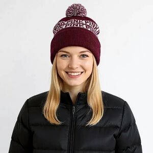 PINK Victoria's Secret Beanie Hat 0S Burgundy White Pom Pom Logo Knit R $35